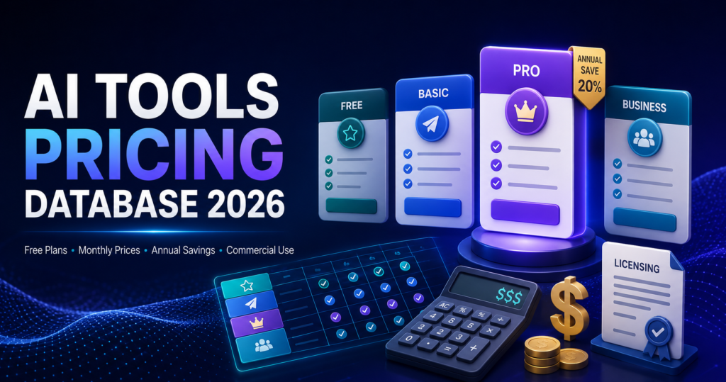AI tools pricing database 2026 with free plans, monthly prices, annual savings and commercial-use rules