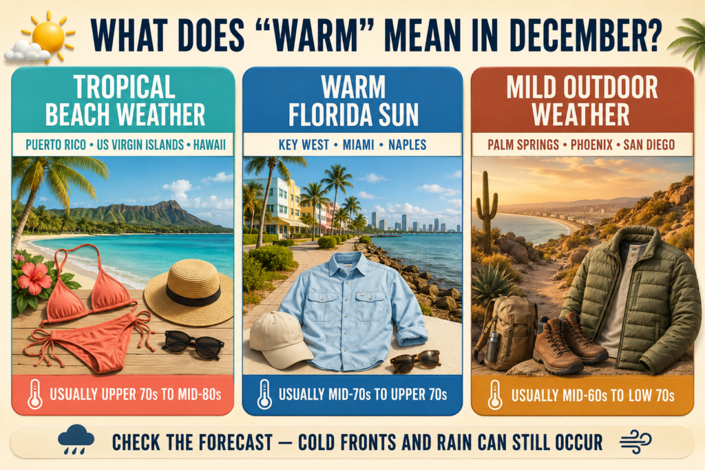 Comparison of tropical, Florida and mild outdoor weather in the USA during December