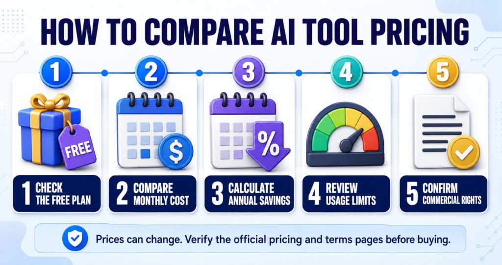 How to compare AI tool pricing, annual discounts, usage limits and commercial rights