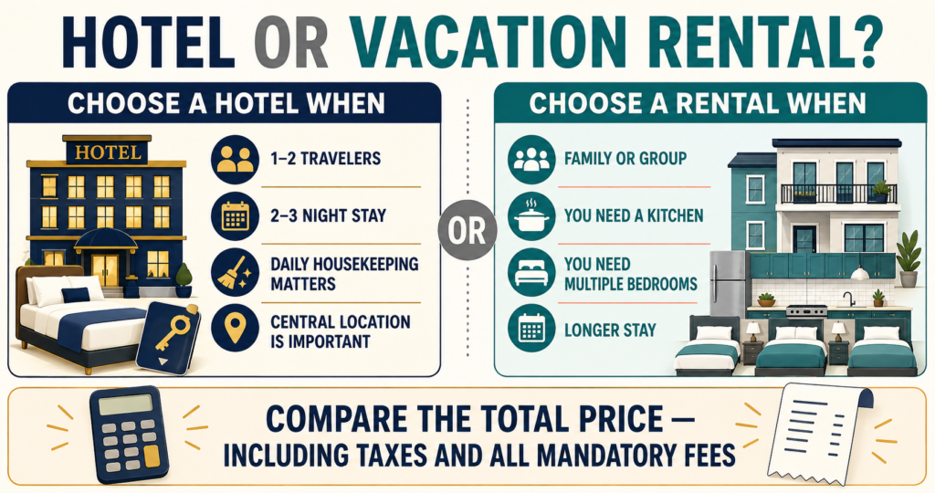 When to choose a hotel or vacation rental based on travelers, stay length and amenities